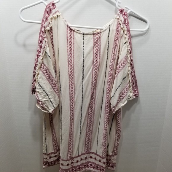 Women's Blouse Kori America Size Small Cream and Red Open Back Cold Shoulder - Picture 2 of 13
